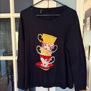 Talbots Dark Blue Sweater with Stacked Teacup Design